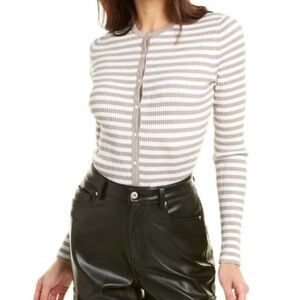 Theory Galizia Striped Rib Button Front Cardigan Gray White NWT Sz S